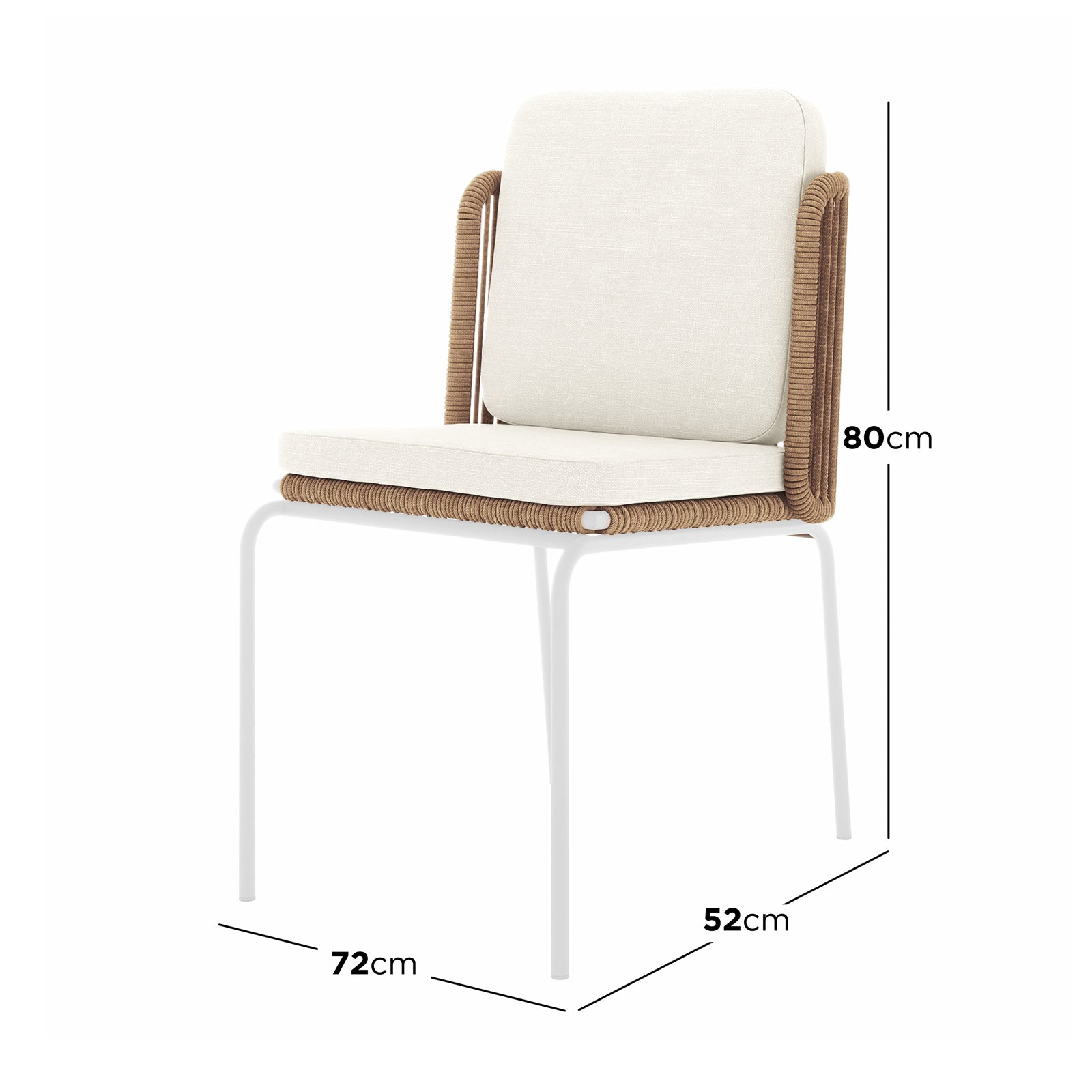 Dimension of the Craigie Premium 6-Seater Outdoor Dining Set showcasing a white cushion, chair detail, and rope texture, emphasizing its durable design and elegant ceramic glass tabletop.