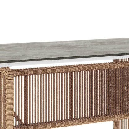 Craigie Premium 6-Seater Outdoor Dining Set features a close-up of the ceramic glass table with a marble-like pattern, showcasing its stylish design and durable, rust-resistant construction for elegant outdoor dining.
