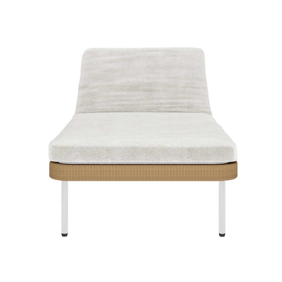 Culion Wicker & Aluminium Outdoor Sun Lounger in Light Beige, featuring a cushioned platform with an inclined backrest, woven-style skirt, and slim metal legs, exemplifies modern outdoor luxury.