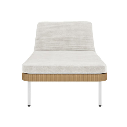 Culion Wicker & Aluminium Outdoor Sun Lounger in Light Beige, featuring a cushioned platform with an inclined backrest, woven-style skirt, and slim metal legs, exemplifies modern outdoor luxury.