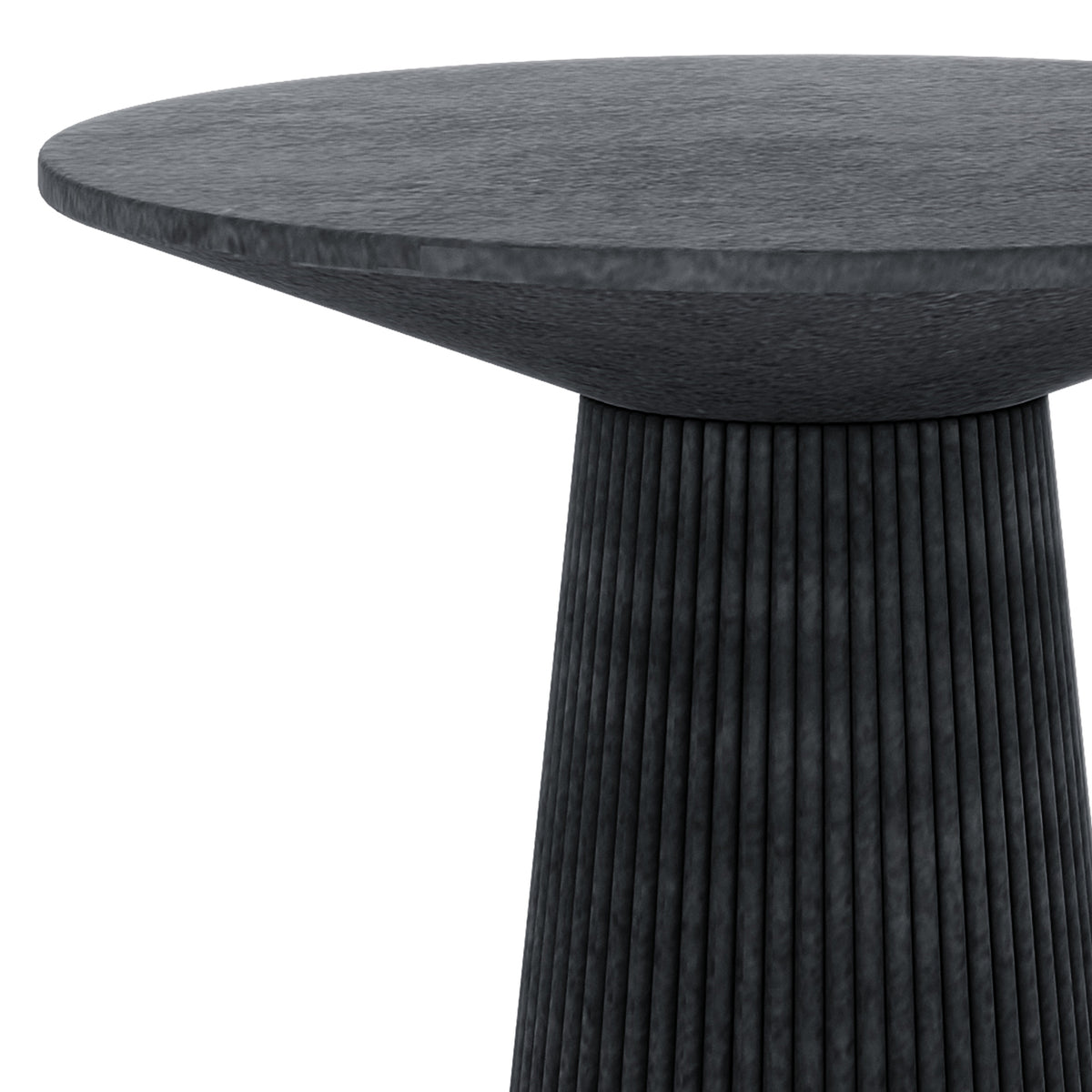 Close-up of the Darien 80cm Round Concrete Bistro Table in Grey Marble showing the smooth, marbled tabletop edge and fluted