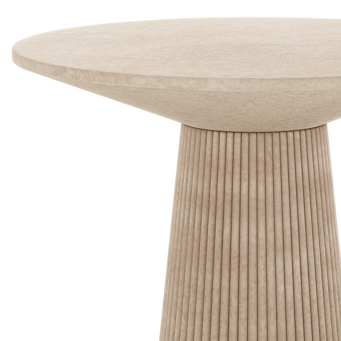 Close-up of the Darien 80cm Round Concrete Bistro Table in Ivory, showing the smooth rounded top and fluted pedestal base