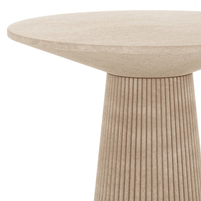 Close-up of the Darien 80cm Round Concrete Bistro Table in Ivory, showing the smooth rounded top and fluted pedestal base
