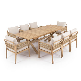Complete wooden dining set with eight chairs on white background