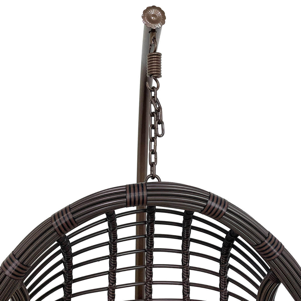 Close-up of the Deanna Curved Outdoor Hanging Egg Chair Brown, featuring a detailed view of its sturdy chain and elegant wicker basket design, emphasizing the chair's modern and versatile appeal.