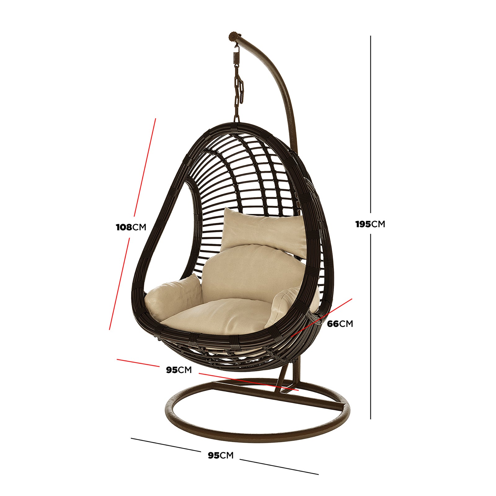 Deanna Curved Rattan Hanging Outdoor Egg Chair in Brown, featuring a dark woven frame, curved metal stand, and plush cushion, highlighted with red/black dimension call-outs, ideal for versatile indoor/outdoor seating. - Dimensions