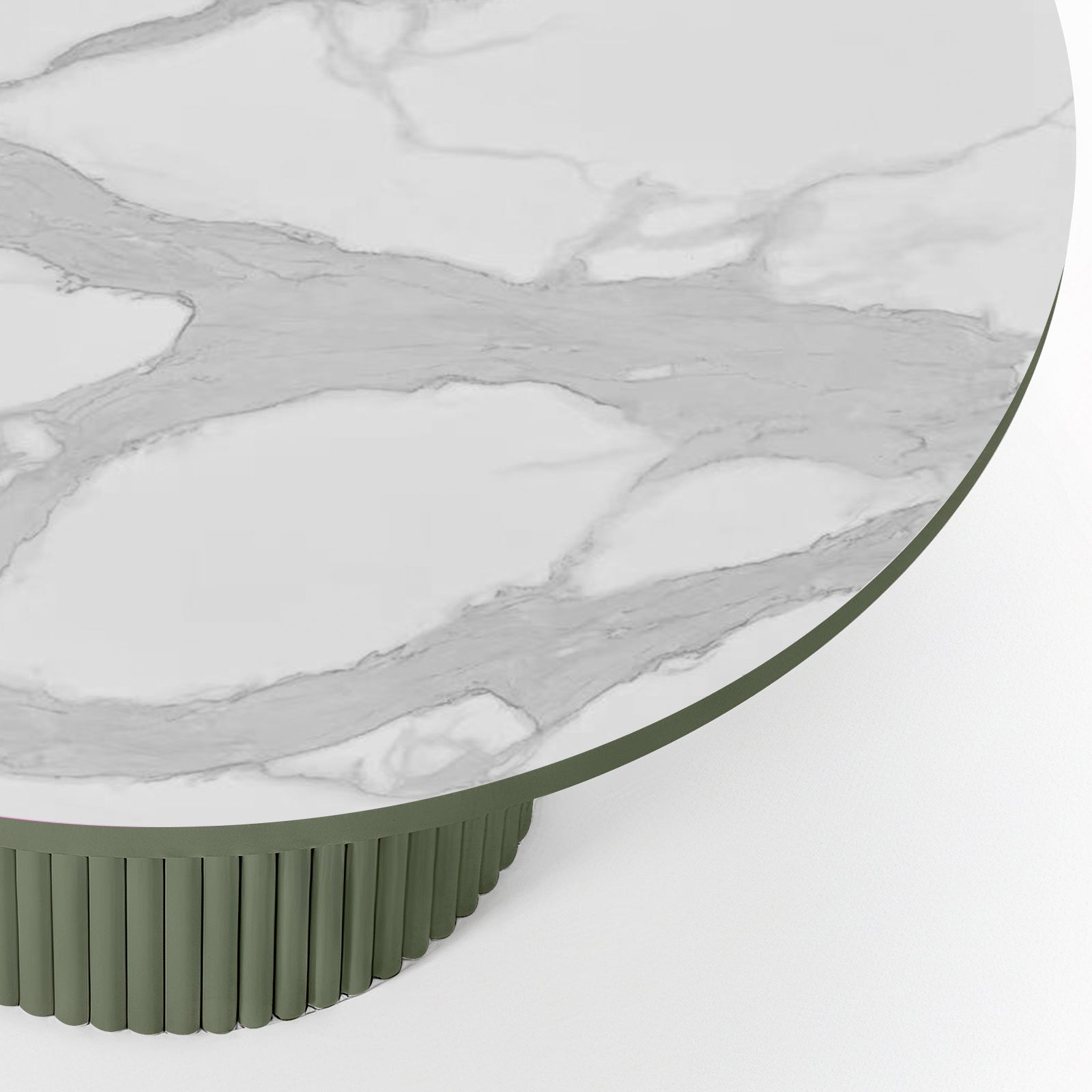Evone Aluminium Outdoor Dining Table in Green, featuring a round, marble-patterned tabletop with a muted olive-green edge and a matching green, vertically fluted cylindrical base, showcasing modern elegance.