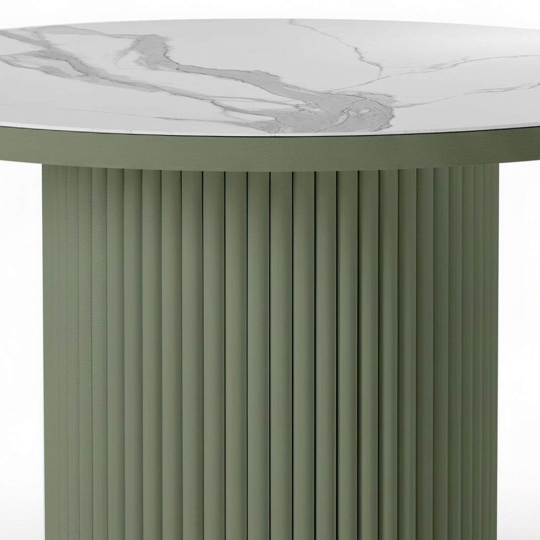 Evone Aluminium Outdoor Dining Table in Green, featuring a round, fluted, cylindrical base with a white, marble-look tabletop showcasing subtle gray veining, designed for outdoor durability and style.

