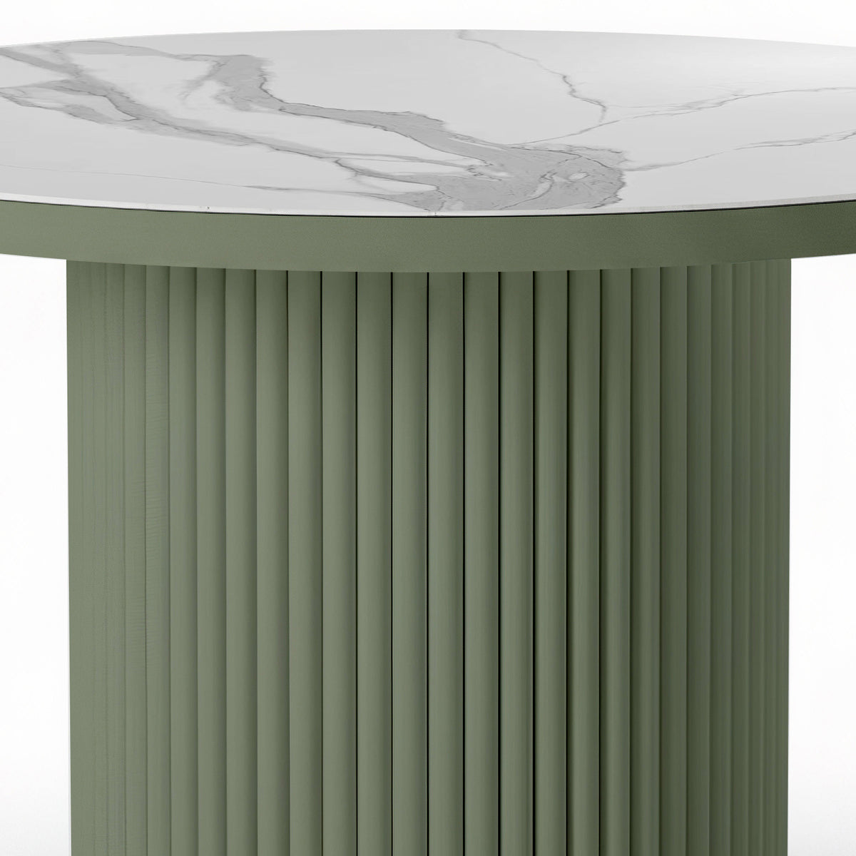 Evone Aluminium Outdoor Dining Table in Green, featuring a round, fluted, cylindrical base with a white, marble-look tabletop showcasing subtle gray veining, designed for outdoor durability and style.
