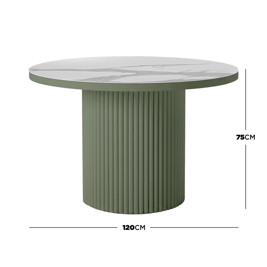 Evone Aluminium Outdoor Dining Table in Green, featuring a round marble-effect tabletop and fluted pedestal base; 120 cm diameter, 75 cm tall, designed for outdoor durability and effortless style.