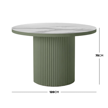 Evone Aluminium Outdoor Dining Table in Green, featuring a round marble-effect tabletop and fluted pedestal base; 120 cm diameter, 75 cm tall, designed for outdoor durability and effortless style.