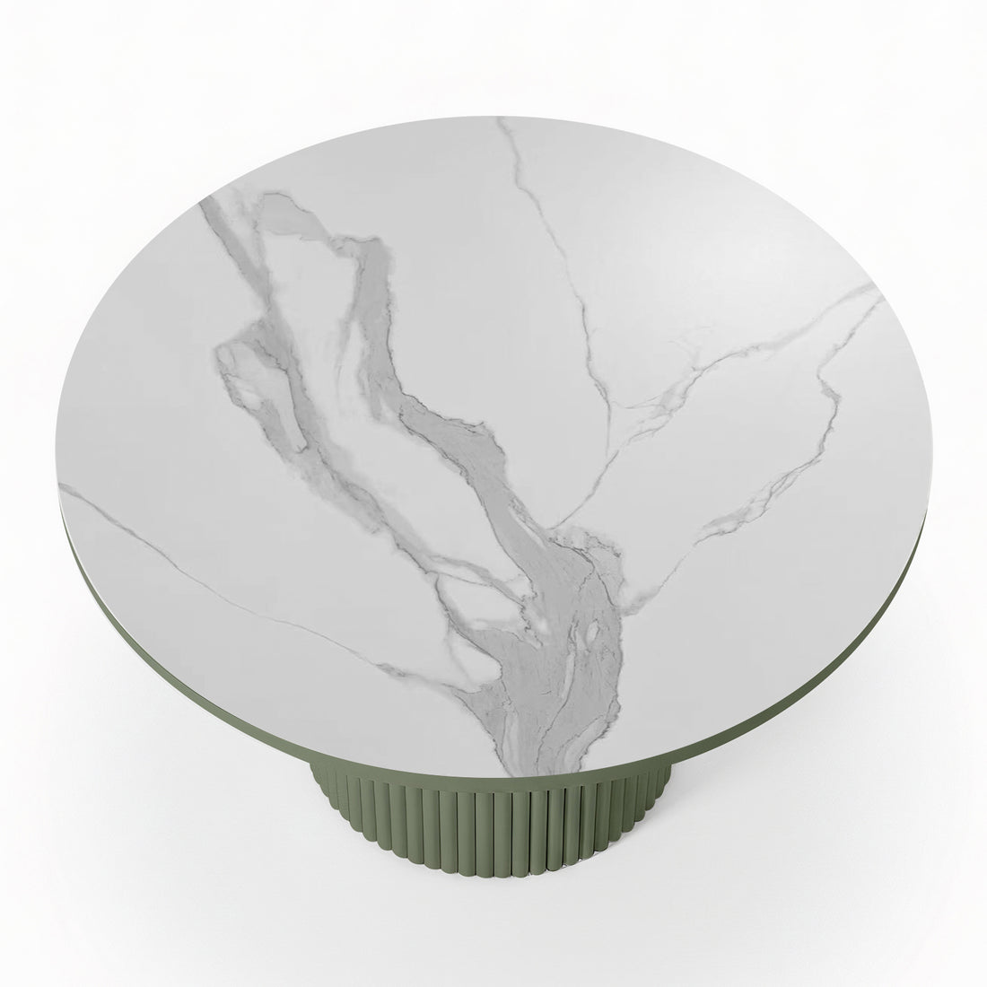 Evone Aluminium Outdoor Dining Table in Green features a round, white-marble-look tabletop with light gray veining, supported by a green, ribbed cylindrical pedestal base, ideal for stylish outdoor dining.