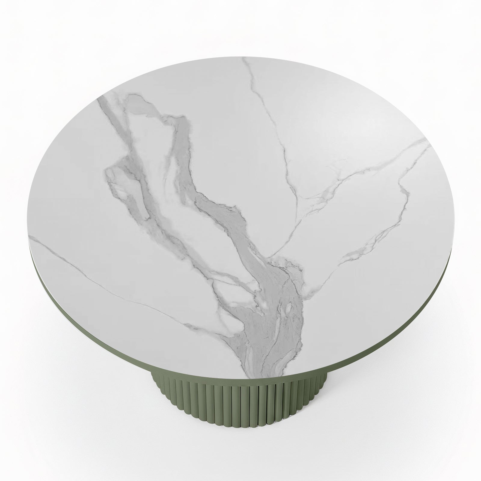 Evone Aluminium Outdoor Dining Table in Green features a round, white-marble-look tabletop with light gray veining, supported by a green, ribbed cylindrical pedestal base, ideal for stylish outdoor dining.