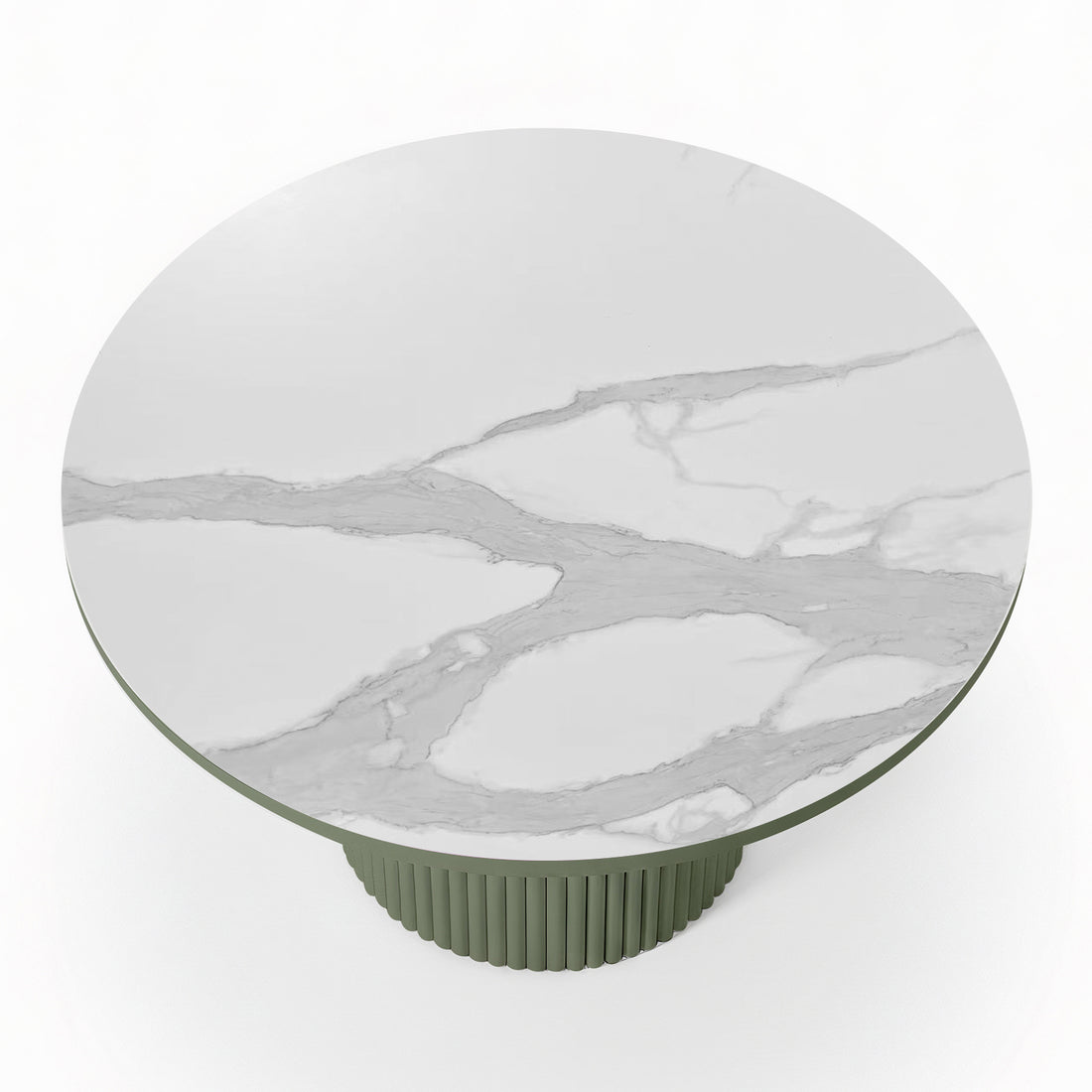 Evone Aluminium Outdoor Dining Table in Green features a round, white-marble-look tabletop with light gray veining, supported by a green, ribbed cylindrical pedestal base, ideal for stylish outdoor dining.