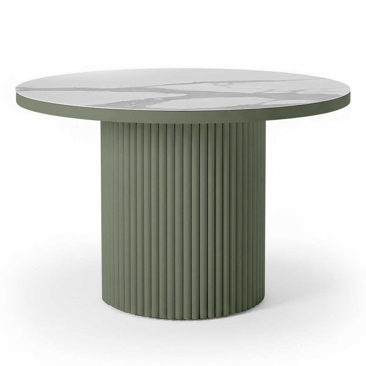 Evone 4 Seater Stone Outdoor Dining Table Set features a round white marble top with gray veining, paired with a fluted olive-green pedestal base, embodying modern elegance for alfresco dining.