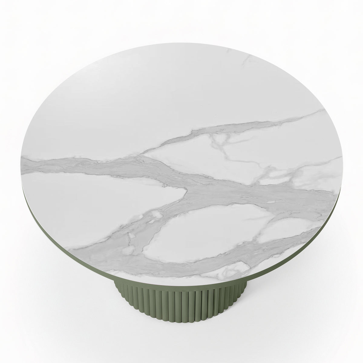 Evone 4 Seater Stone Outdoor Dining Table Set features a white marble tabletop with gray veining on a muted green, fluted pedestal base, ideal for modern outdoor dining.
