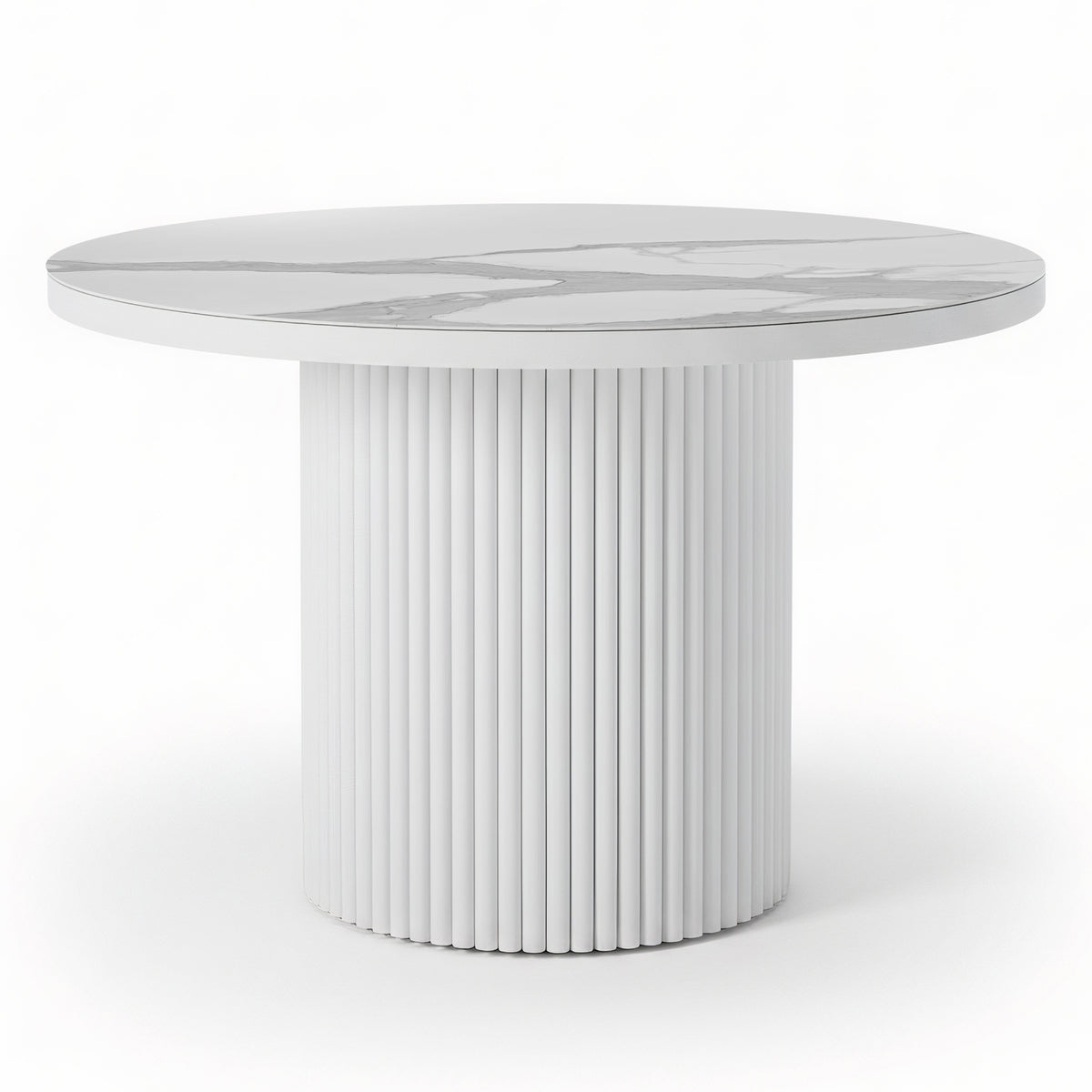 Evone 4 Seater Stone Outdoor Dining Table Set features a round white-marble-patterned tabletop on a cylindrical pedestal with vertical slats, embodying sleek modern outdoor design for compact spaces.