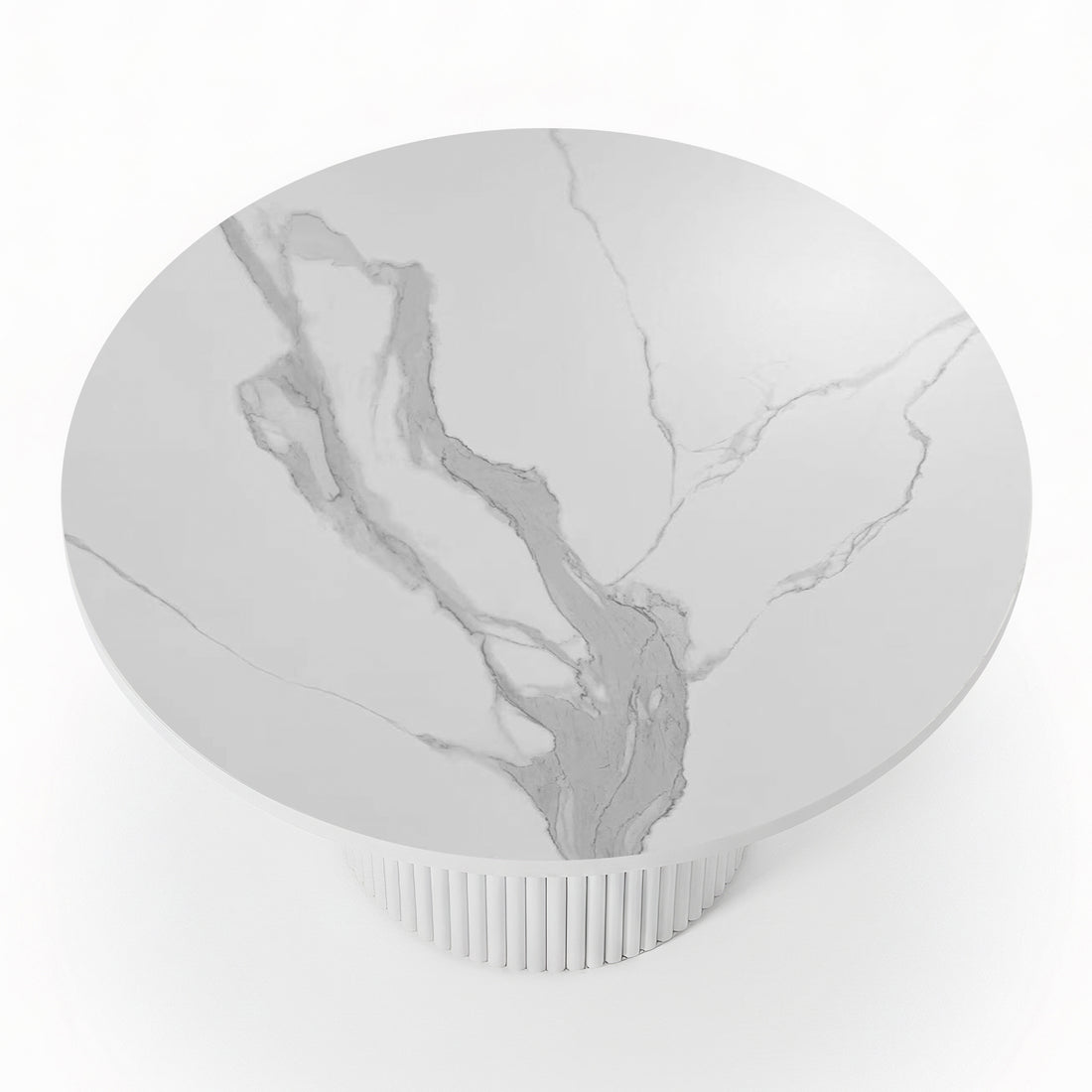 Evone 4 Seater Stone Outdoor Dining Table Set: Features a round, white marble tabletop with light veining on a fluted cylindrical base, ideal for stylish alfresco dining.
