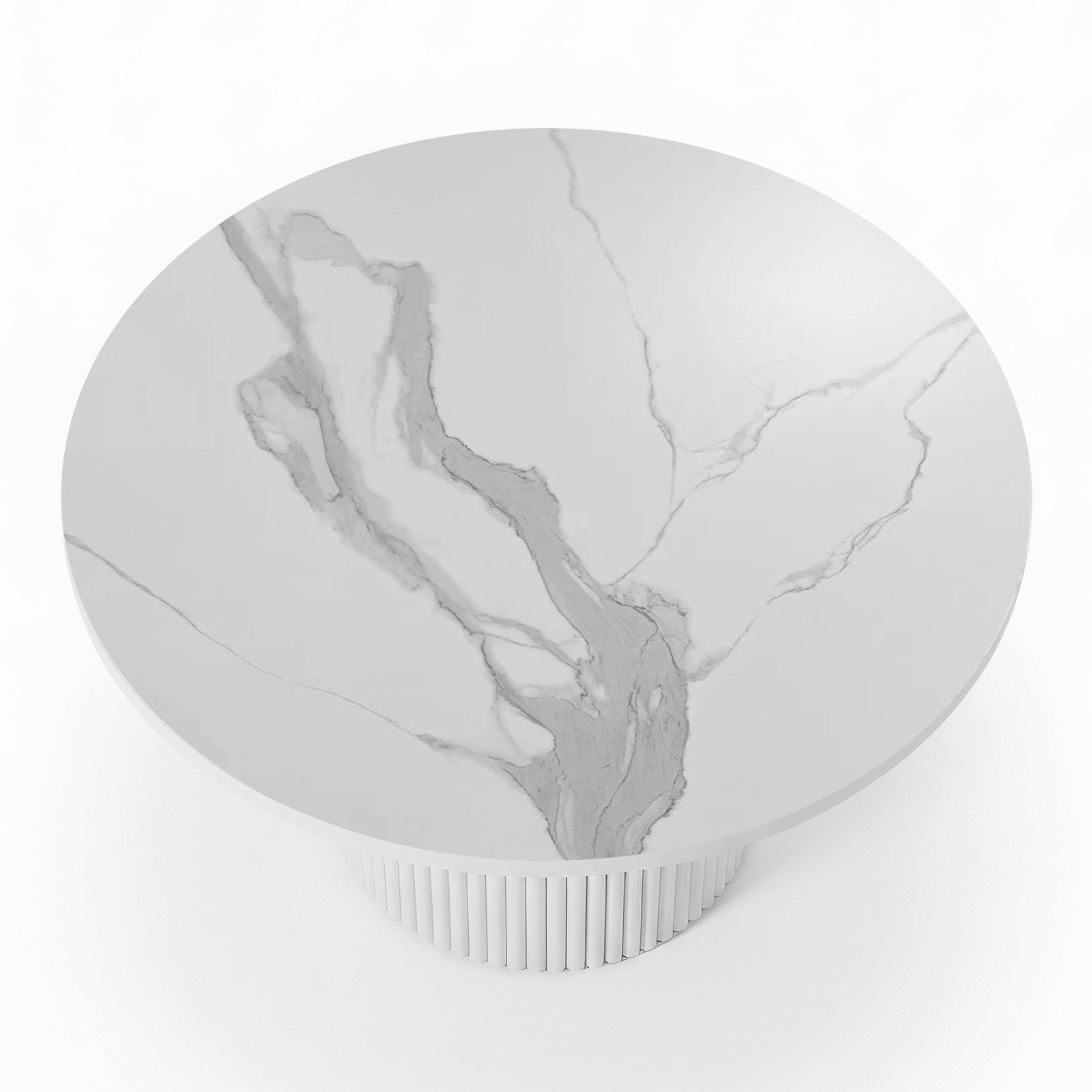 Evone 4 Seater Stone Outdoor Dining Table Set: Features a round, white marble tabletop with light veining on a fluted cylindrical base, ideal for stylish alfresco dining.

