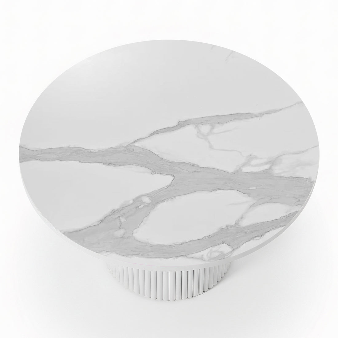 Evone 4 Seater Stone Outdoor Dining Table Set: Features a round, white marble tabletop with light veining on a fluted cylindrical base, ideal for stylish alfresco dining.
