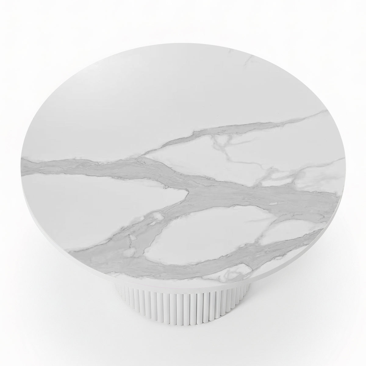 Evone 4 Seater Stone Outdoor Dining Table Set: Features a round, white marble tabletop with light veining on a fluted cylindrical base, ideal for stylish alfresco dining.
