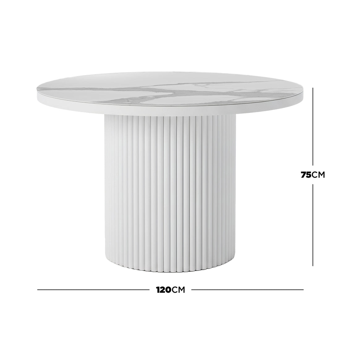 Evone 4 Seater Stone Outdoor Dining Table Set in Light Grey features a round, marble-effect tabletop with a fluted pedestal base, measuring 120 cm in diameter and 75 cm high.