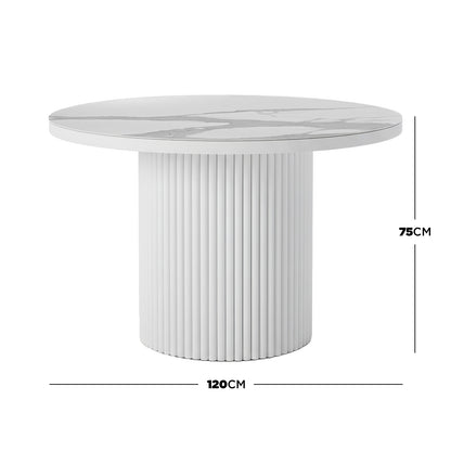 Evone 4 Seater Stone Outdoor Dining Table Set in Light Grey features a round, marble-effect tabletop with a fluted pedestal base, measuring 120 cm in diameter and 75 cm high.