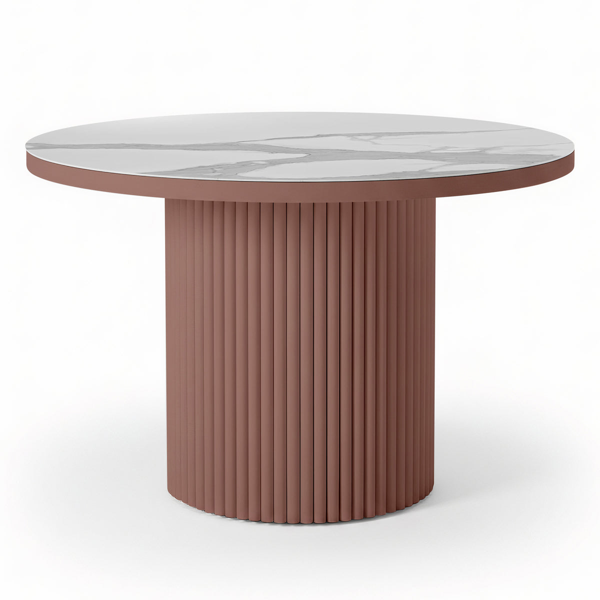 Evone Aluminium Outdoor Dining Table in Terracotta features a round white marble-look top and a fluted, cylindrical dusty-rose base, offering a contemporary, stylish look for outdoor spaces.
