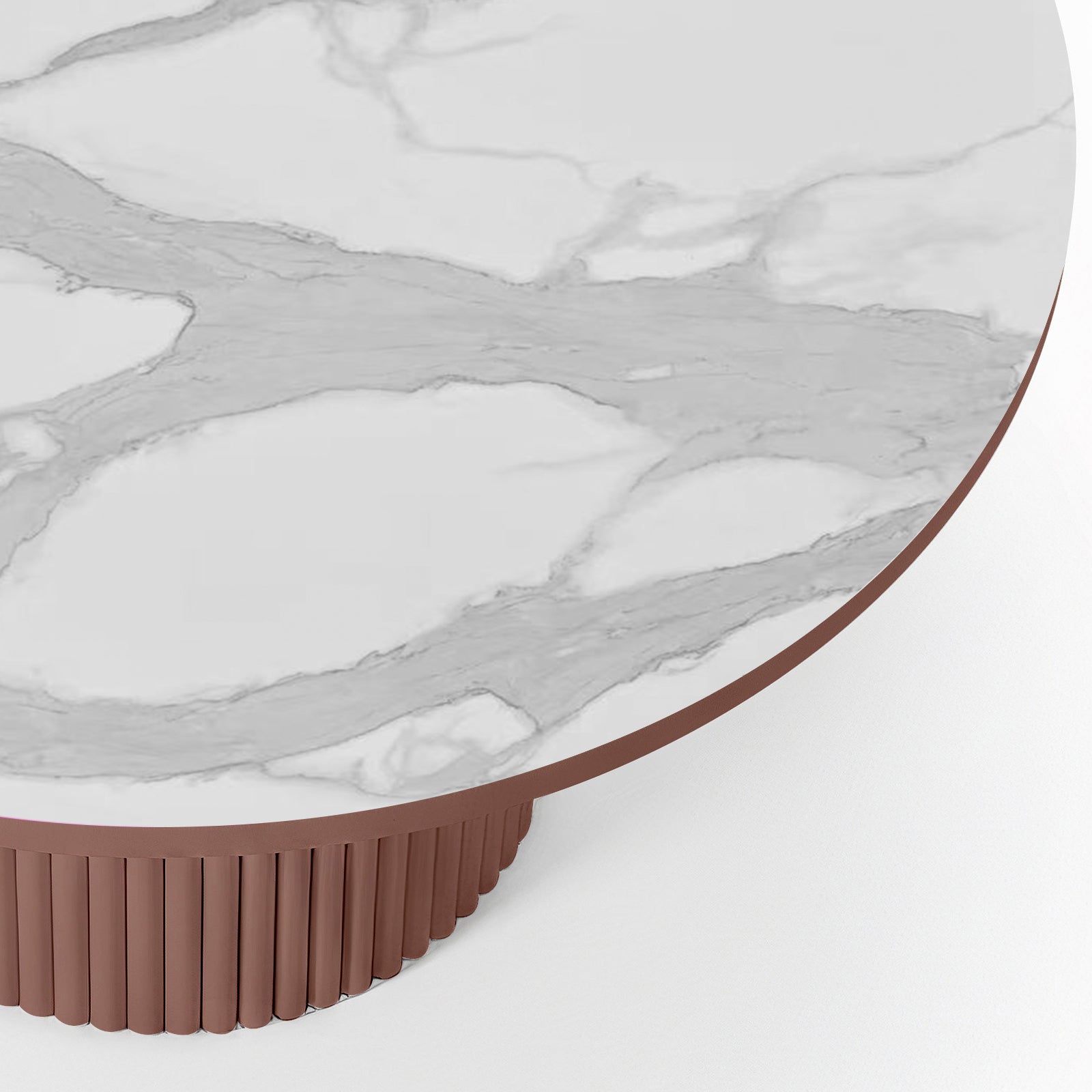 Evone Aluminium Outdoor Dining Table features a round marble-effect tabletop with light gray veining, a thin brown edge, and a fluted brown cylindrical base, showcasing modern elegance.
