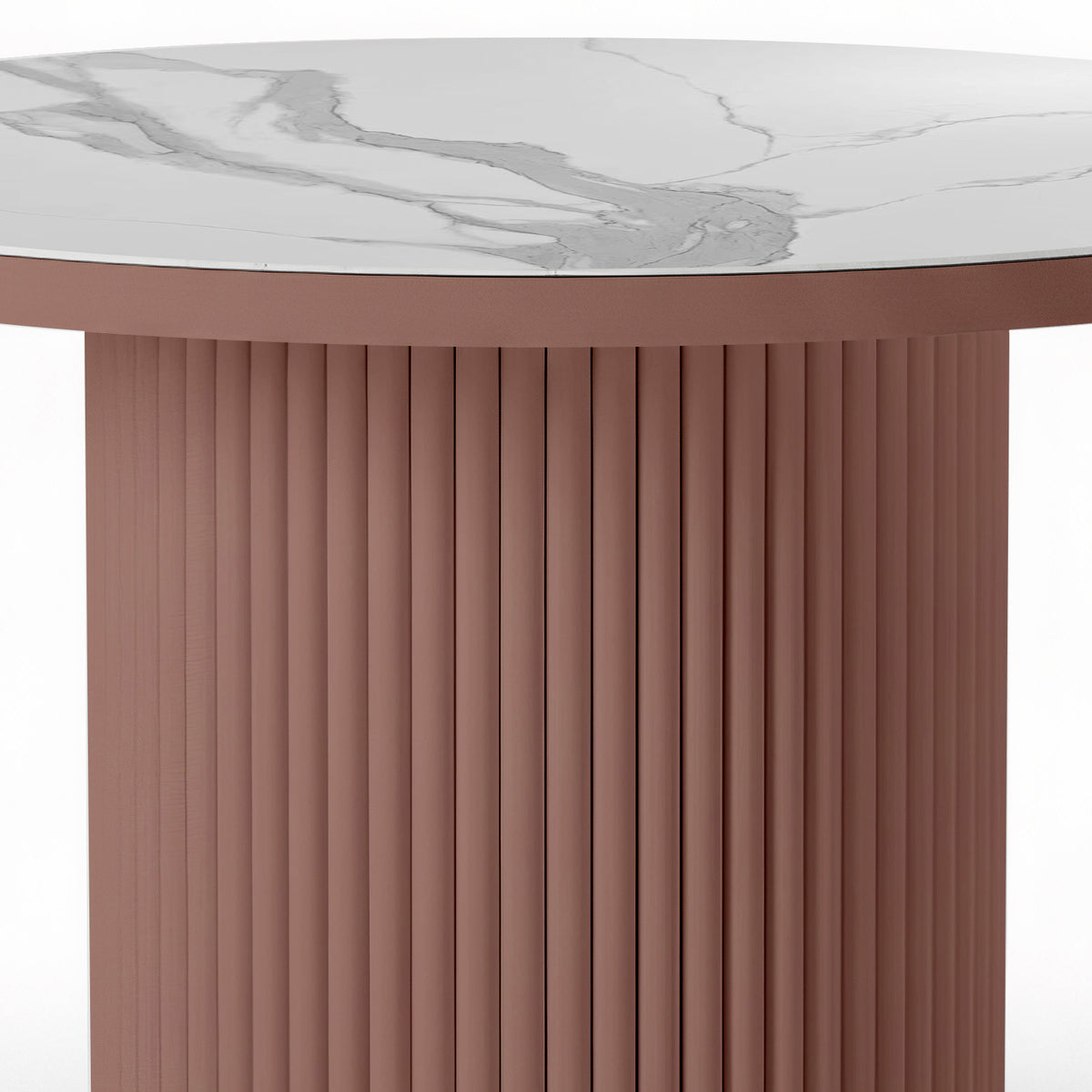 Evone Aluminium Outdoor Dining Table in Terracotta with a round white marble-look top featuring gray veining, supported by a cylindrical, fluted terracotta base, designed for outdoor durability and style.
