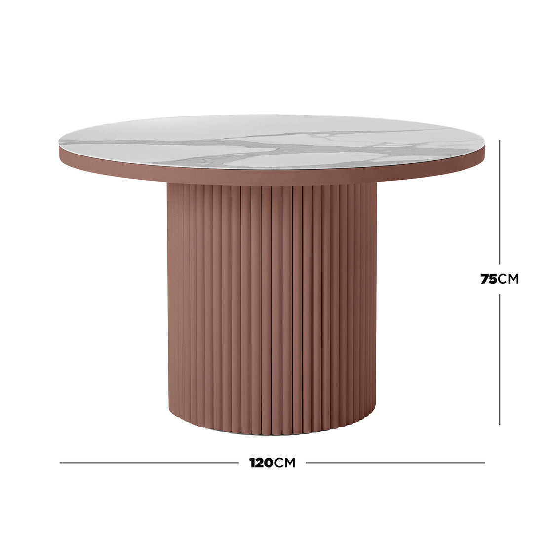 Evone Aluminium Outdoor Dining Table features a round, white marble-effect top and a terracotta fluted base, measuring 120 cm wide by 75 cm tall, ideal for stylish outdoor entertaining.