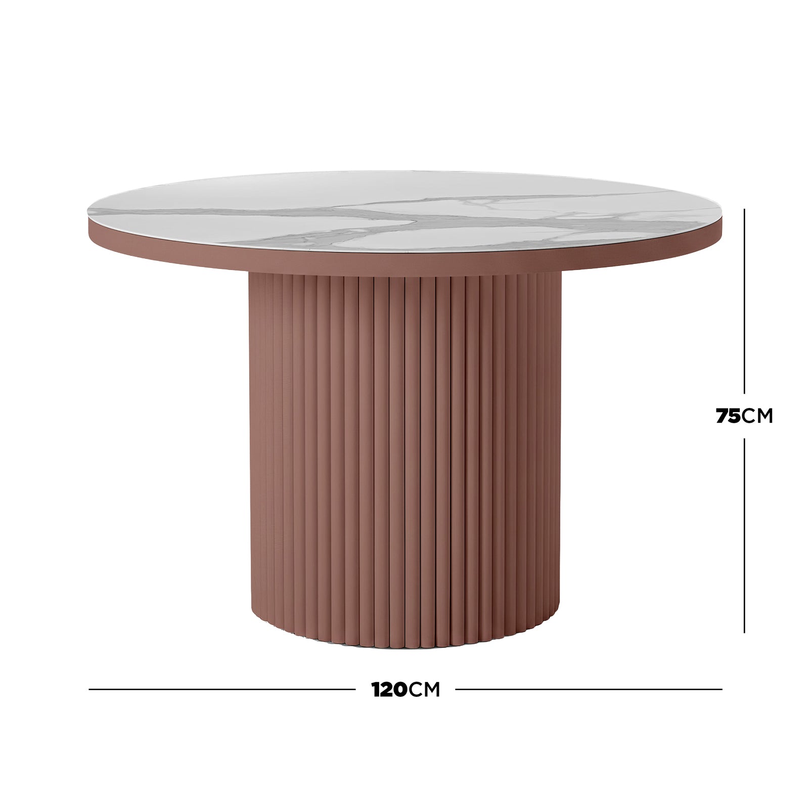Evone Aluminium Outdoor Dining Table features a round, white marble-effect top and a terracotta fluted base, measuring 120 cm wide by 75 cm tall, ideal for stylish outdoor entertaining.