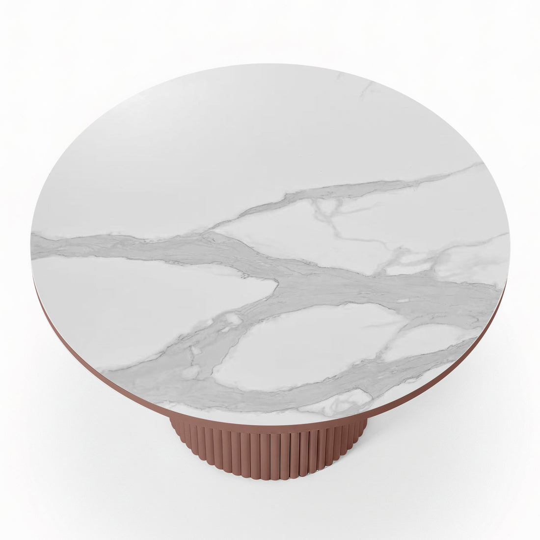 Top-down view of a round white stone dining table with grey marble-effect veining and a terracotta-colored fluted pedestal base_2