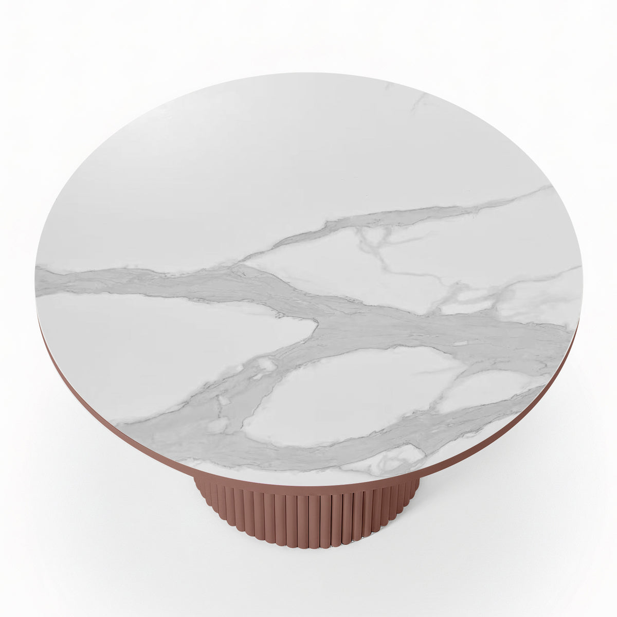 Top-down view of a round white stone dining table with grey marble-effect veining and a terracotta-colored fluted pedestal base_2