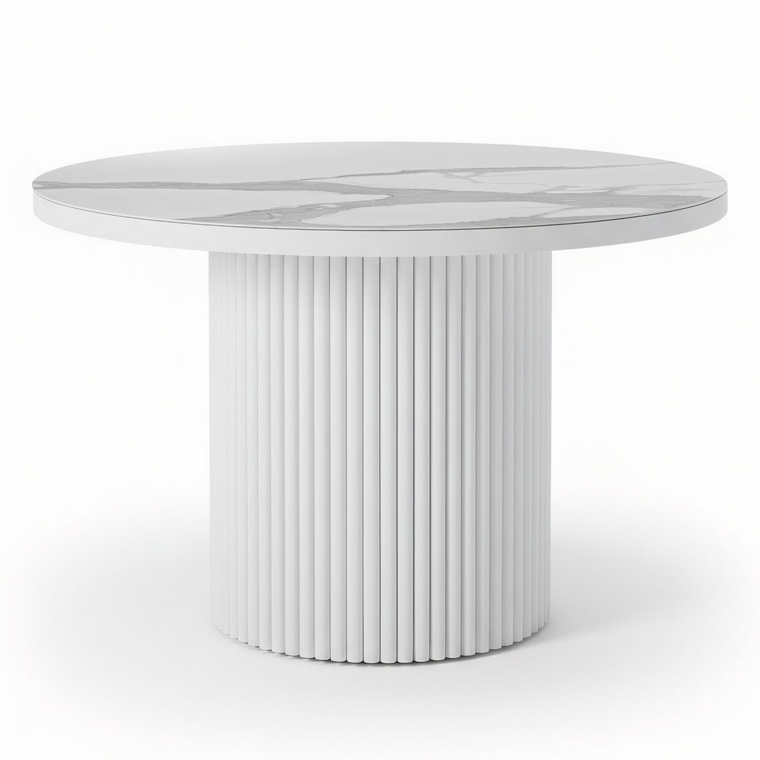 Evone Aluminium Outdoor Dining Table in white features a round white marble-look top and a fluted, cylindrical base, offering a contemporary, stylish look for outdoor spaces.