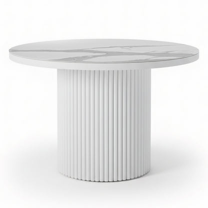 Evone Aluminium Outdoor Dining Table in white features a round white marble-look top and a fluted, cylindrical base, offering a contemporary, stylish look for outdoor spaces.
