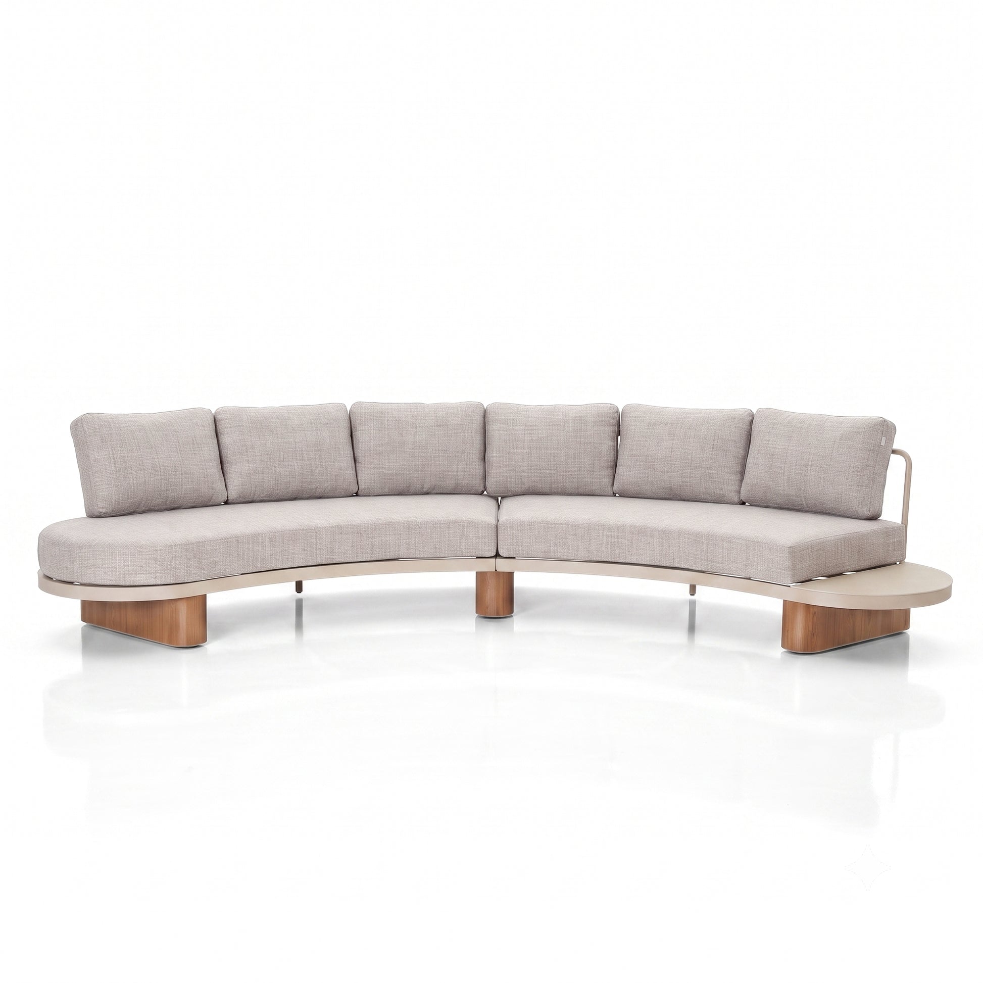 Modern curved sectional sofa with light gray upholstery and wooden base on a white background.