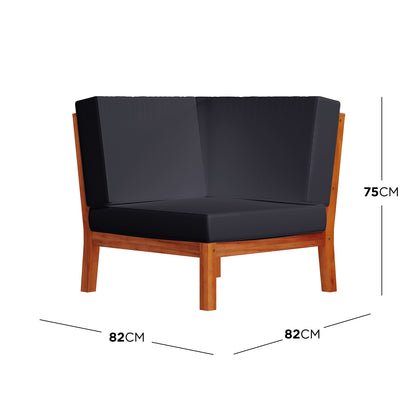 Haiti 7 Seater Outdoor Timber Corner Sofa Set Black, featuring a sleek design with robust wooden legs and plush upholstery, ideal for outdoor relaxation.