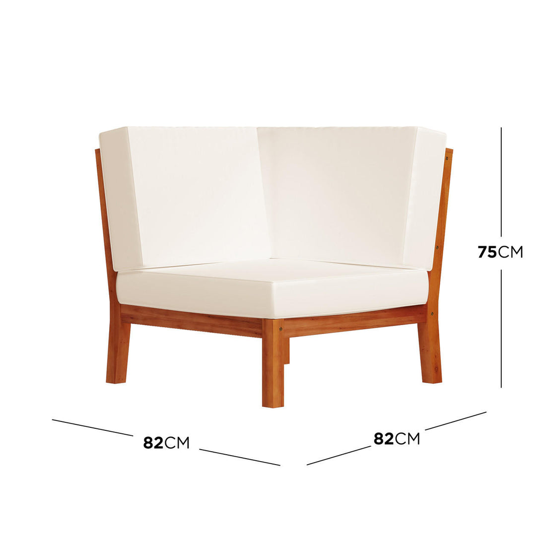 Haiti 7 Seater Outdoor Timber Corner Sofa Set featuring a white chair with wooden legs, highlighted by close-up measurements, showcasing its robust, stylish design perfect for outdoor settings. - Dimensions