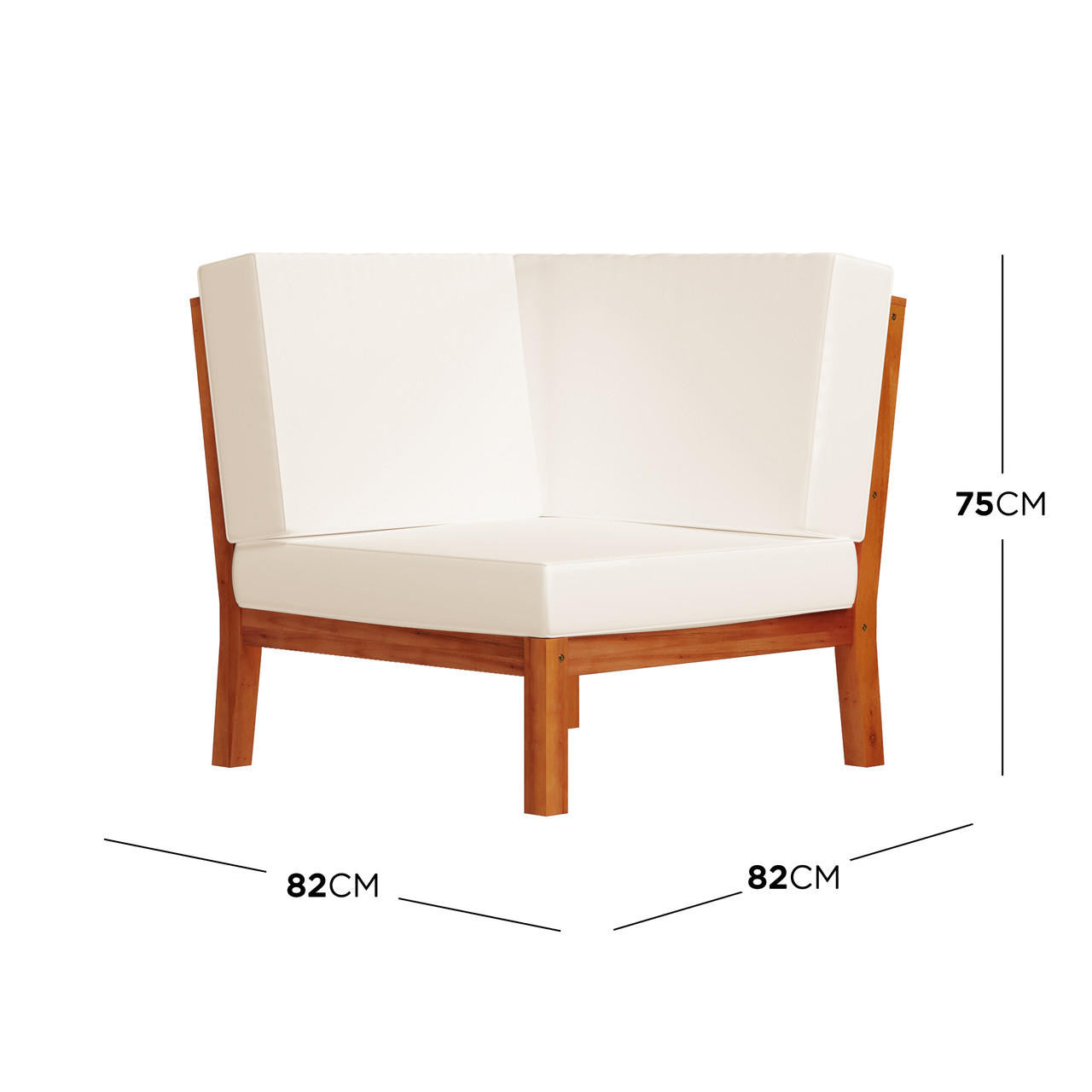Haiti 7 Seater Outdoor Timber Corner Sofa Set featuring a white chair with wooden legs, highlighted by close-up measurements, showcasing its robust, stylish design perfect for outdoor settings. - Dimensions