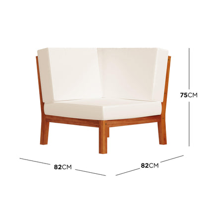 Haiti 7 Seater Outdoor Timber Corner Sofa Set featuring a white chair with wooden legs, highlighted by close-up measurements, showcasing its robust, stylish design perfect for outdoor settings. - Dimensions