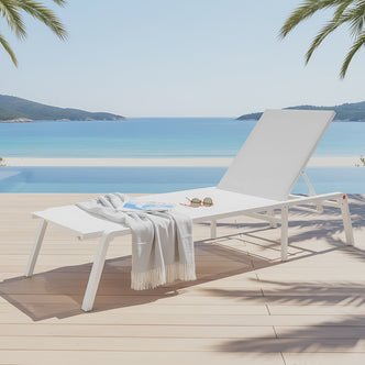Jabari Textilene Aluminium Outdoor Sunbed in Cream White with adjustable backrest, mesh fabric, and slim metal frame, shown