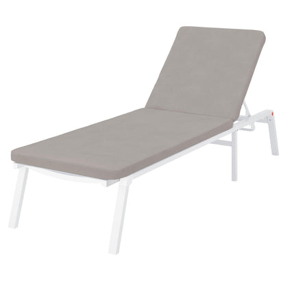 Jabari Outdoor Sun Lounger with Cushion in Warm Grey, featuring a sleek white metal frame, adjustable backrest, and flat grey cushion, ideal for versatile outdoor relaxation.