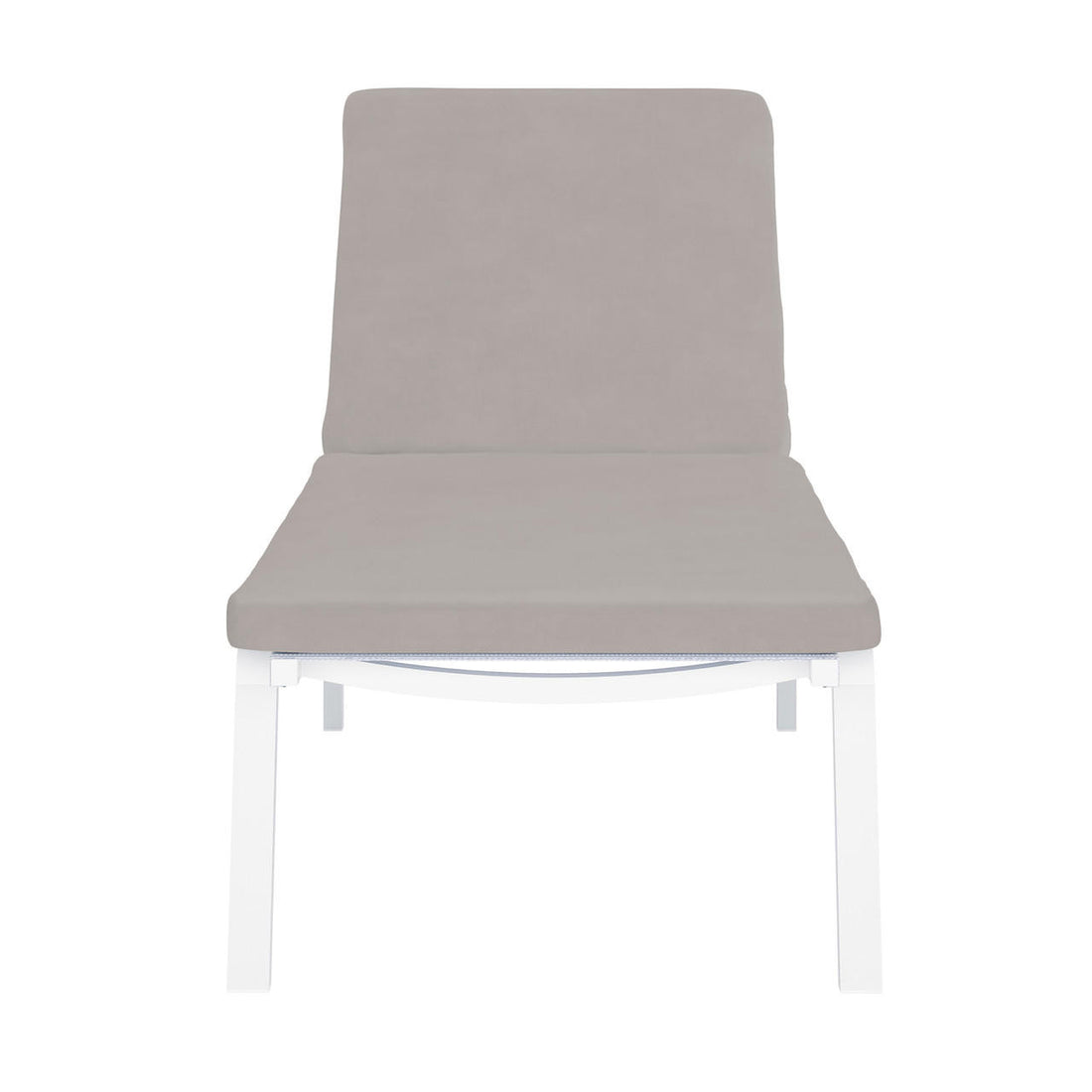Jabari Outdoor Sun Lounger with Cushion in Warm Grey, featuring a white frame, pale gray joined backrest and seat cushion, atop four straight legs, designed for outdoor relaxation with adjustable positions.