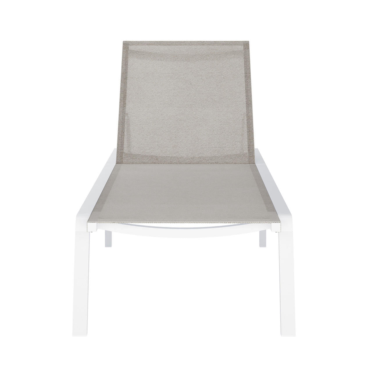 Jabari Outdoor Sun Lounger with Cushion in Warm Grey features a sleek white metal frame and light gray mesh fabric, offering modern style and adjustable comfort for outdoor relaxation.