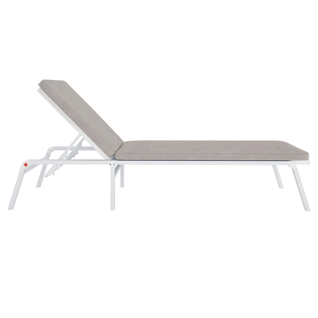 Jabari Outdoor Sun Lounger with Cushion in Warm Grey, featuring a white metal frame and an adjustable backrest, showcasing its cushioned comfort and sleek design for ultimate outdoor relaxation.