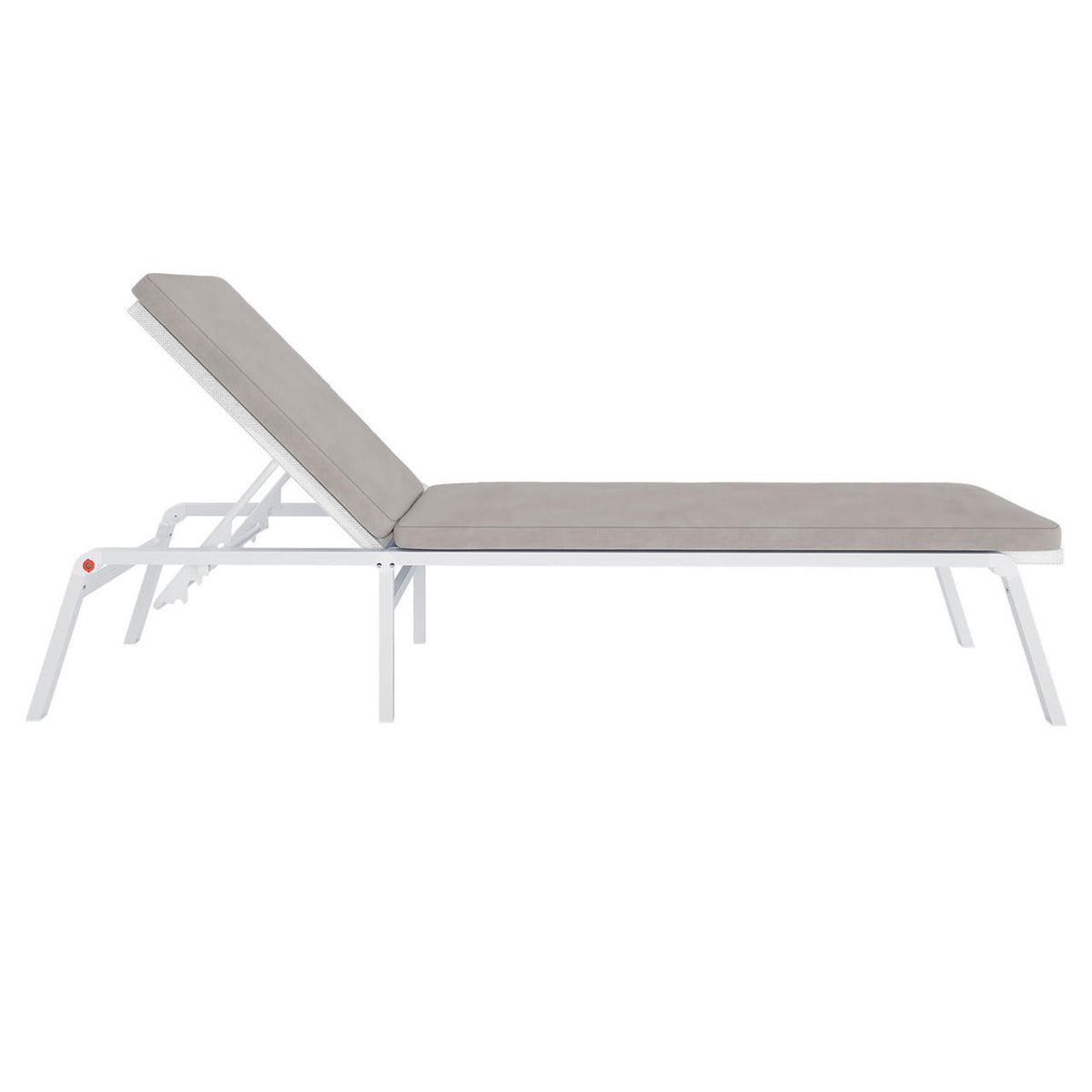 Jabari Outdoor Sun Lounger with Cushion in Warm Grey, featuring a white metal frame and an adjustable backrest, showcasing its cushioned comfort and sleek design for ultimate outdoor relaxation.