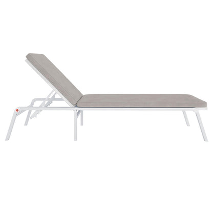 Jabari Outdoor Sun Lounger with Cushion in Warm Grey, featuring a white metal frame and an adjustable backrest, showcasing its cushioned comfort and sleek design for ultimate outdoor relaxation.