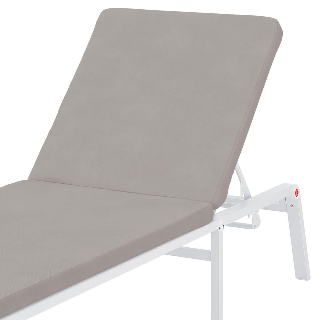Jabari Outdoor Sun Lounger with Cushion in Warm Grey, showcasing its adjustable recline on a white metal frame, highlighting the durable design and comfortable upholstery for ultimate outdoor relaxation.