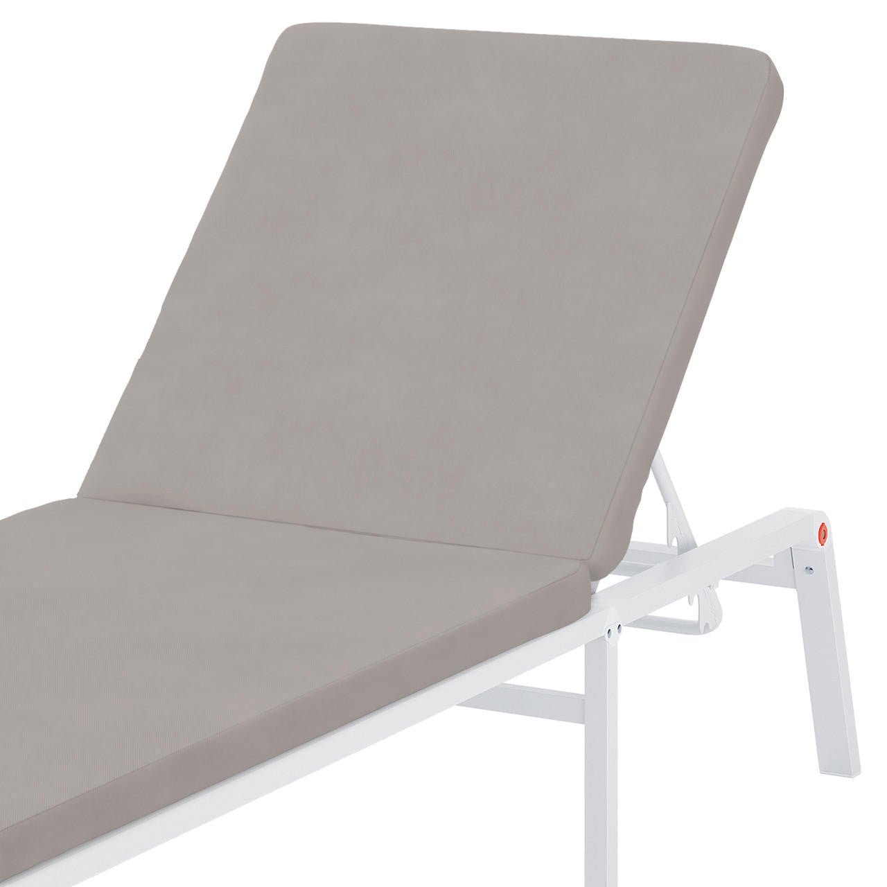 Jabari Outdoor Sun Lounger with Cushion in Warm Grey, showcasing its adjustable recline on a white metal frame, highlighting the durable design and comfortable upholstery for ultimate outdoor relaxation.